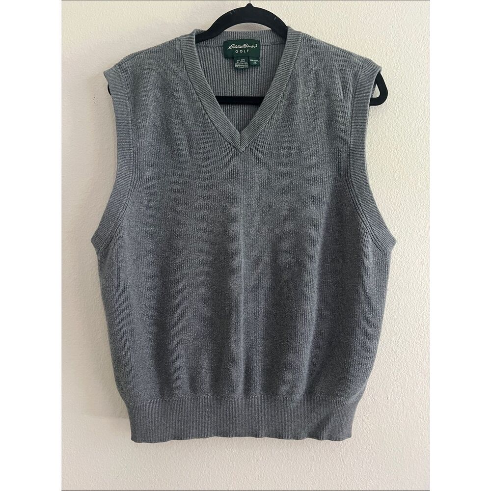 Eddie Bauer Golf Sweater Vest Mens Large Gray V Neck 100% Cotton Knit Classic L